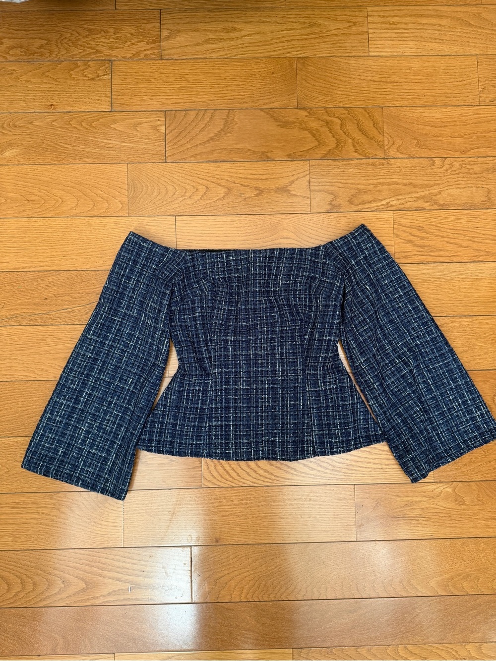 Zara Dark Blue Textured Off-Shoulder Bell Sleeve Top
